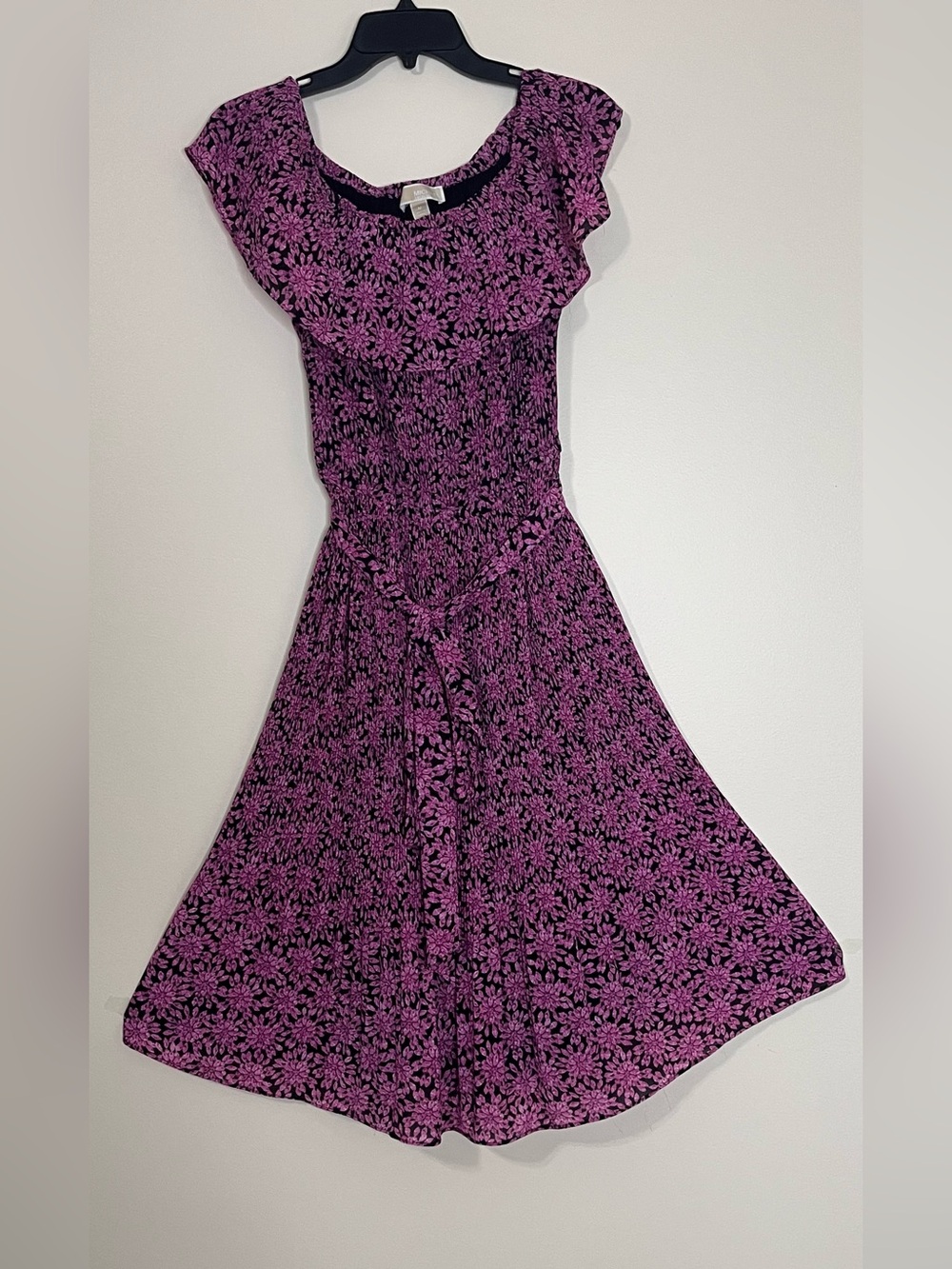 Michael Kors Purple Floral Plissé Midi Dress Smocked Waist Size M